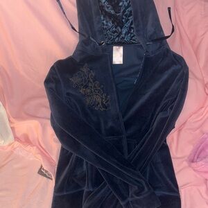 Navy Blue Velour Hoodie with Embroidery
